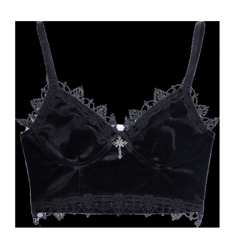 Velvet Y2K Mall Goth Crop Tops Black Lace Trim Emo
