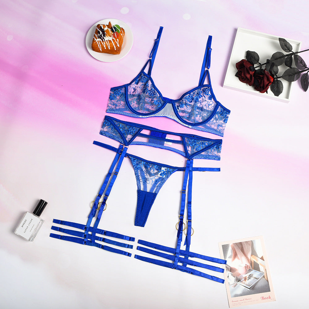 Women's Blue Embroidered Sexy Lingerie Set
