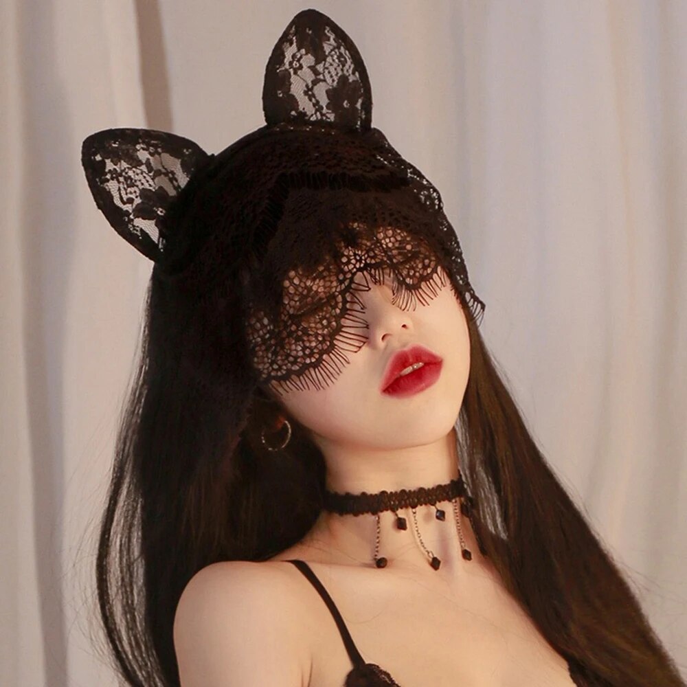 Sexy Cosplay Party Masquerade Headwear Lace Veil Cute Cat and Rabbit Ears Cosplay Headband Hairpin Women Squid Game Anime
