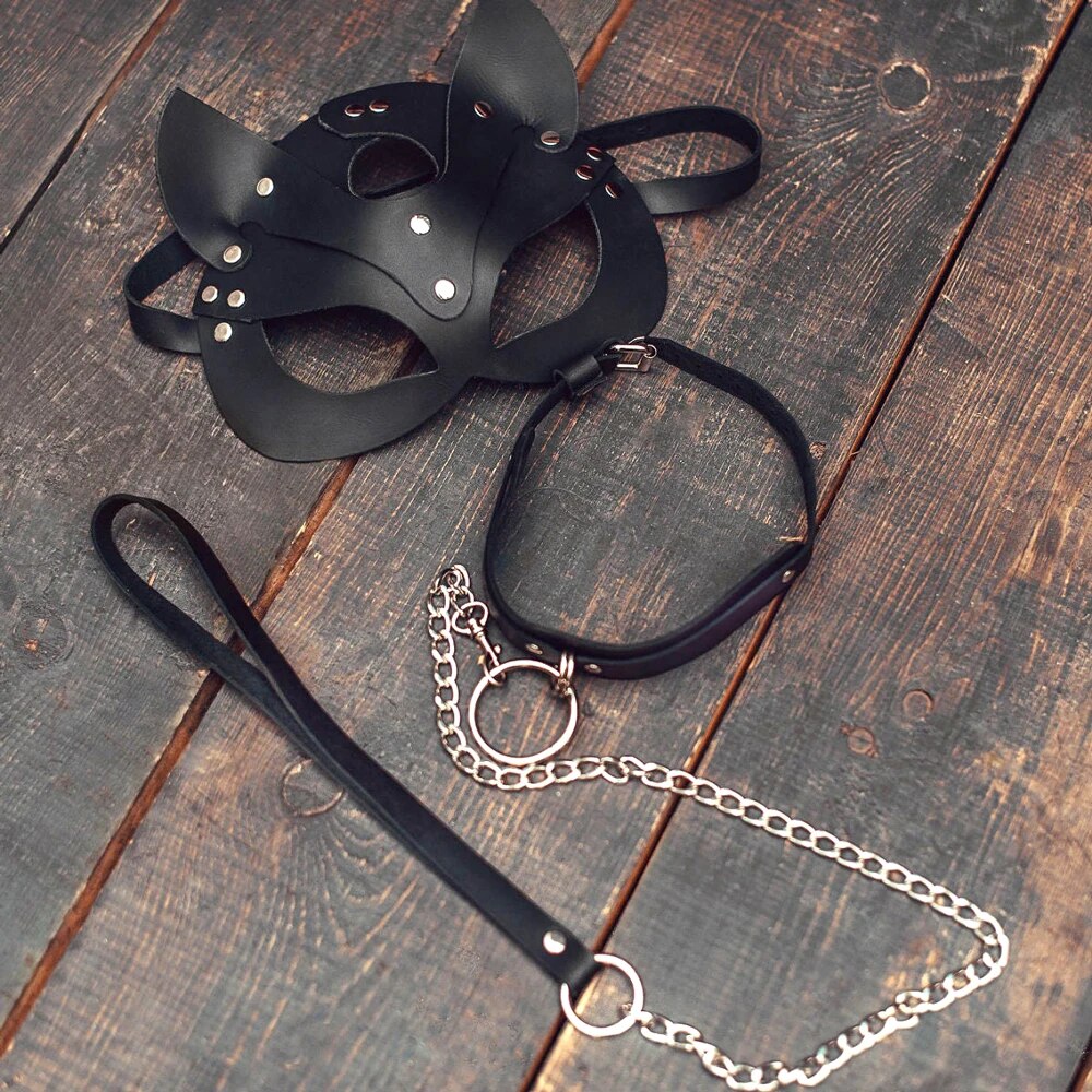Women Sexy Mask Half Face Cosplay Leather Mask Party Mask Chain Harness Necklace Masquerade Ball Fancy Masks Punk Collar BDSM